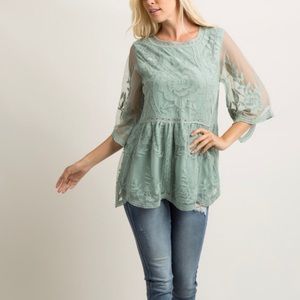Mint Green Scalloped Embroidered Mesh Top